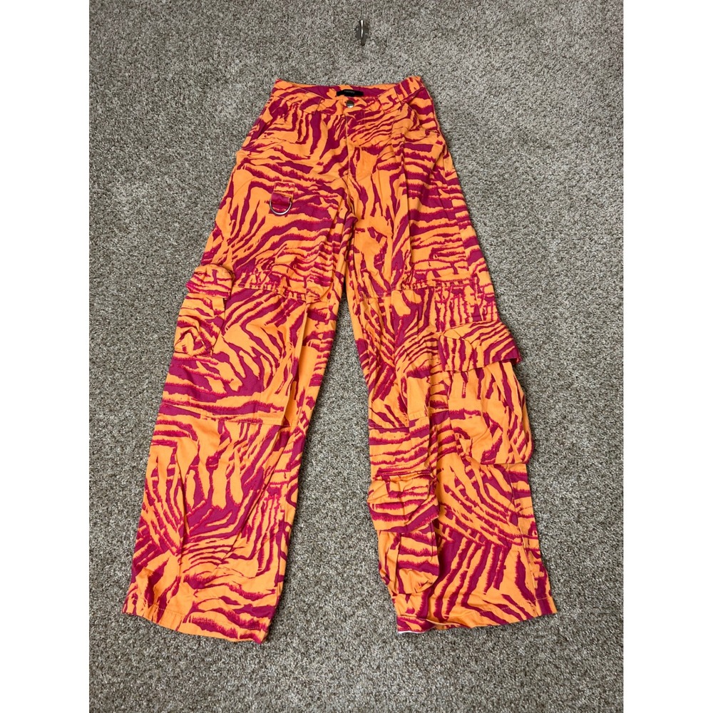 Forever 21 Orange Pink Zebra Print Cargo Pants Wide Leg Utility Trousers Small